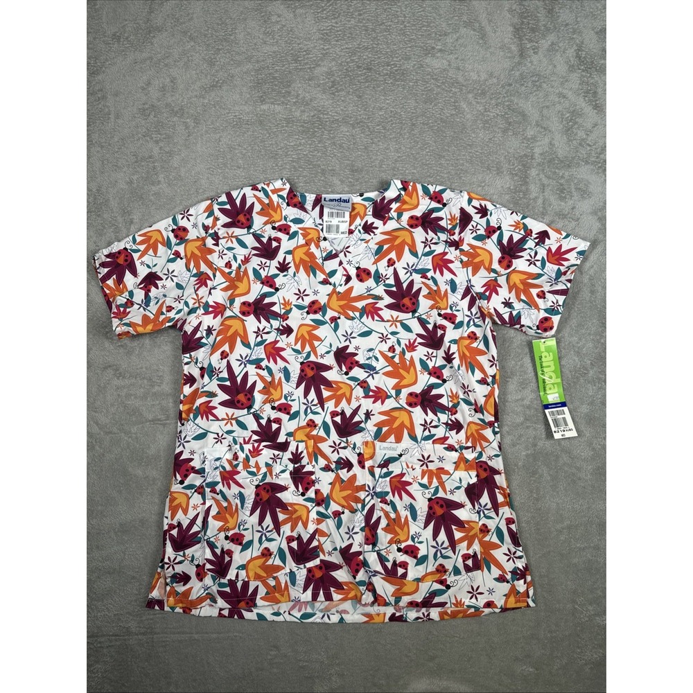 Landau Floral‎ Pattern V-Neck Scrub Top Medical Scrub Women's Size Medium